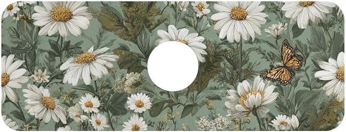 Kitchen Sink Splash Guard 1 PC 14.7 Inch Sink Faucet Mat Splash Guard for Bathroom Countertop Water Absorbent Foldable Cuttable Soft Washable Summer Daisy Butterfly Green