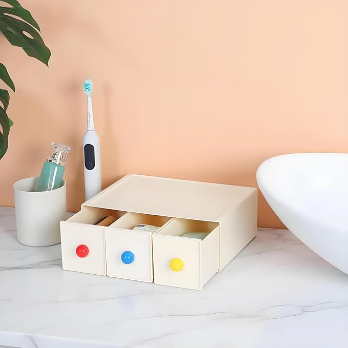 Desktop Storage Drawers, Plastic Desk Organizer with 3 Drawers, Modular Stackable Toolbox Units for Office Stationary, Makeup Container, Bathroom Countertop (1 Tall Layer, Cream)