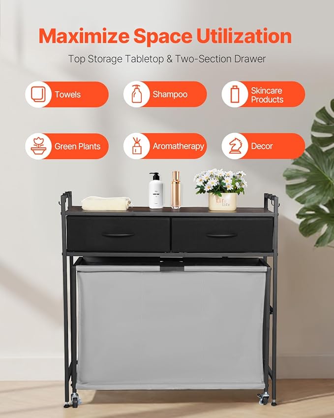 VEVOR 3 Section Laundry Sorter, Rolling Laundry Hamper with 2 Drawers, Hooks & Wheels, Rolling Basket Organizer Storage with Pull-Out Rolling Bags and Wooden Tabletop for Dirty Clothes, Bathroom