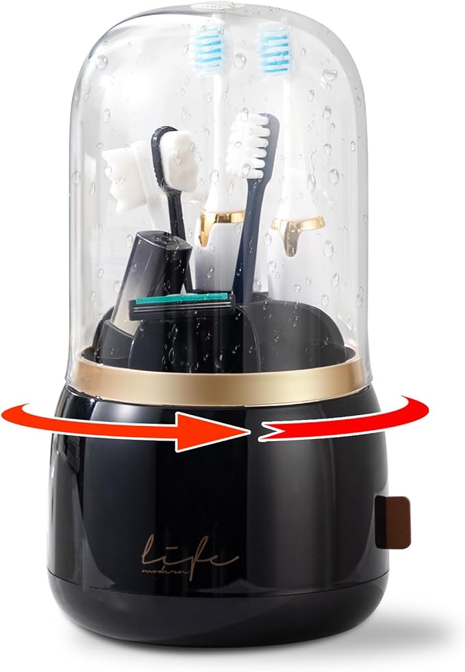 CLOKTA Toothbrush Holders for Bathrooms, Rotating 7 Slots Electric Toothbrush Holders with Cover, Countertop Toothpaste Organizers (Black)