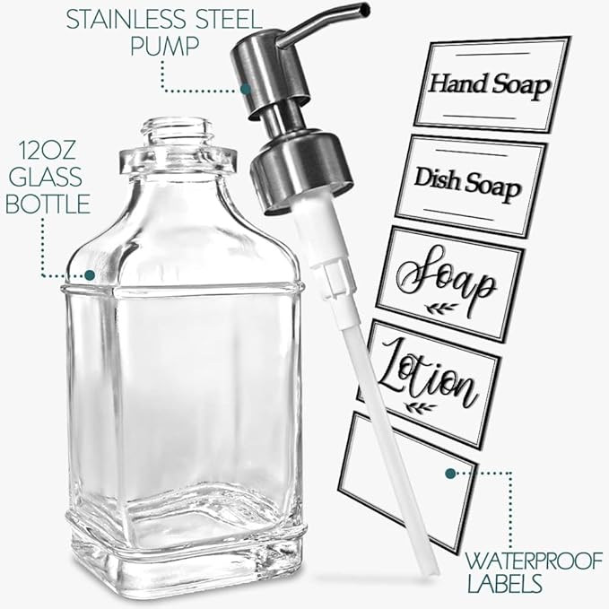 JASAI Antique Design Soap Dispenser with Rust Proof 304 Stainless Steel Pump, Refillable Glass Soap Dispenser with 10Pcs Clear Stickers, Premium Kitchen & Bathroom Soap Dispenser