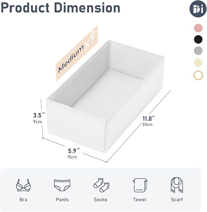 DIMJ Drawer Organizer Clothes - Underwear Organizer Small Sock Organizer Box Dresser Organizer,Drawer Dividers for Baby Clothes,Bra,Socks, Belt, Tie, Set of 9,White