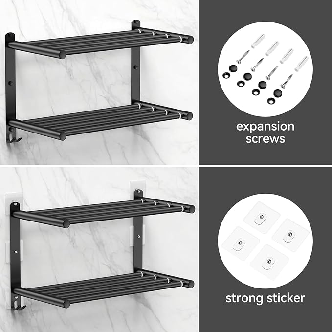 CAXIMSY Black Adjustable Towel Bar for Bathroom Wall Mount17-30.7inch Adhesive Shower Towel Rack Stainless Steel Bath Towel Holders for Toilet Kitchen Double Towel Hanger (Black Double Towel Rack)