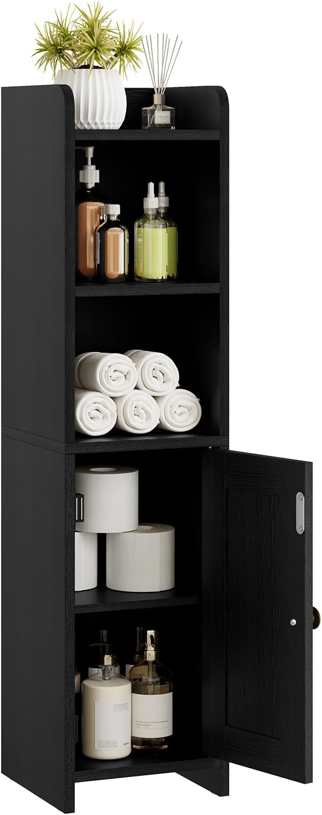 Small Bathroom Storage Cabinet Corner, Floor Cabinet with Adjustable Shelves, Freestanding Narrow Bathroom Toilet Paper Organizers for Small Spaces (Black)