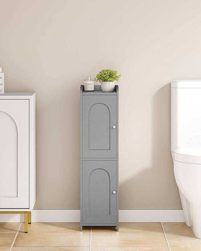 Bathroom Storage Cabinet, Small Corner Floor Cabinet with 2 Doors and Adjustable Shelf, Narrow Toilet Paper Cabinets, Bathroom Organizer for Small Spaces, 7.9" D x 7.9" W x 29.5" H Gray