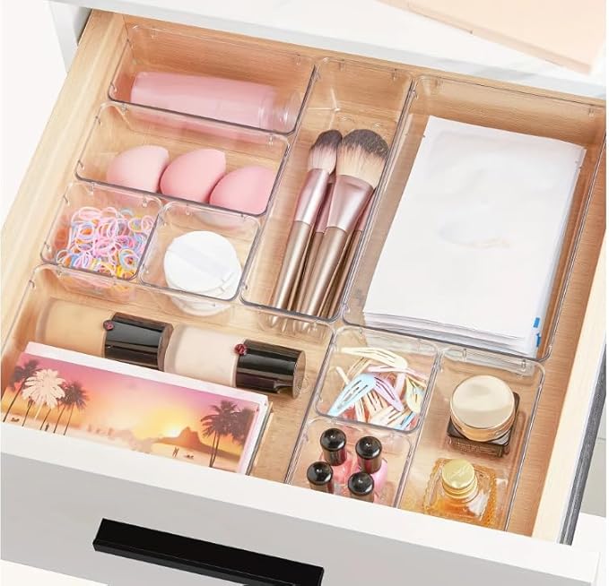 Bathroom Drawer Organizer Trays 13 Piece Clear Drawer Organizer Set, Plastic Organizer Bins for Bathroom, Makeup, Kitchen & Office, Modular In-Drawer Storage System