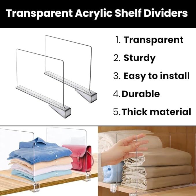 Acrylic Shelf Dividers 8 Pack – Heavy Duty Clear Shelf Dividers for Closets, Cabinets & Shelves – Closet Dividers for Clothing, Handbags & Home Organization