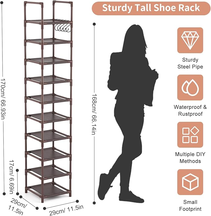Tall Shoe Rack 10-Tier Narrow Shoe Shelf Storage for 10-15 Pairs Shoe and Boot, Sturdy Shoe Storage Space Saving Corner Shoe Rack Organizer for Closet, Entryway, Living Room, Brown