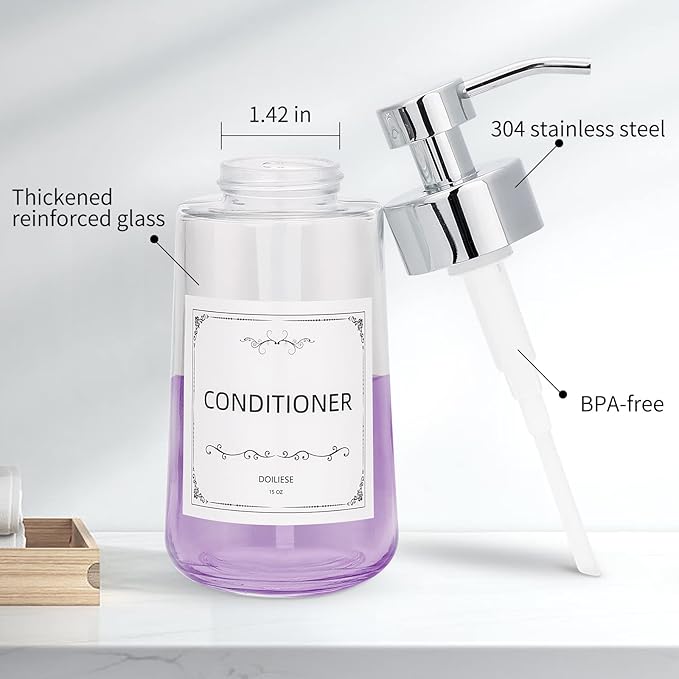 Doiliese Soap Dispenser, Clear Glass Soap Dispenser with Rust Proof Pump, 16oz Liquid Soap Pump with Waterproof Labels, Dish & Hand Soap for Bathroom, Kitchen, Chrome Pump, Pack of 2