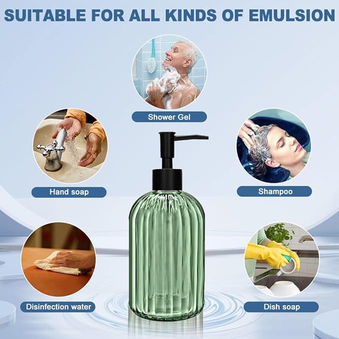 2 Pack 14oz Glass Soap Dispenser with Black Pump – Refillable for Hand Soap, Dish Soap, Lotion, Suited for Kitchen, Bathroom & Laundry Room(Olive Green)