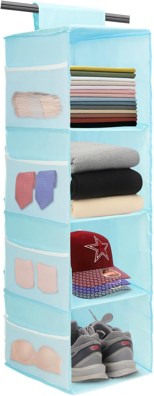 PetsHome 4-Shelf Hanging Closet Organizer, Space Saver, Closet Hanging Storage Shelves with Mesh Pockets & Magic Tap for Storage, Foldable-Blue