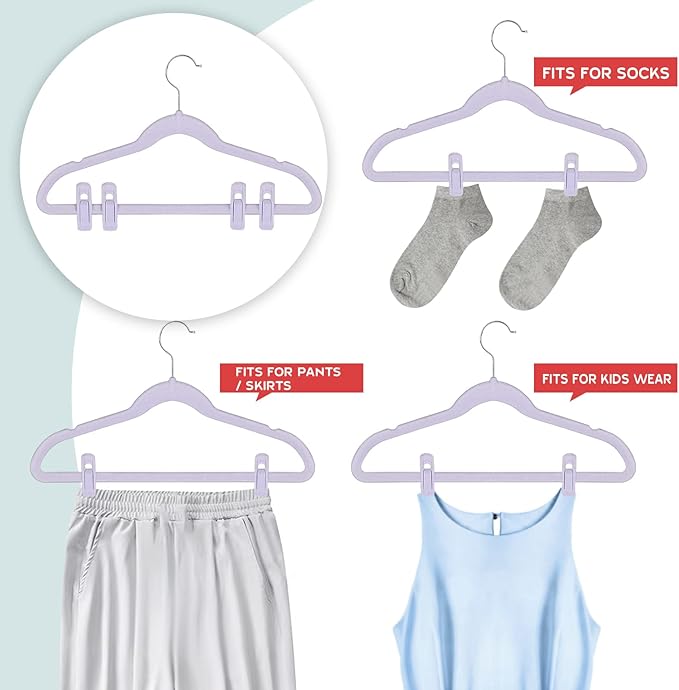 Tinfol Velvet Hanger Clips, 50Pcs Light Purple Strong Finger Flocked Clips, Large Opening Clip, Pants Velvet Clip for Thin Clothes Hangers