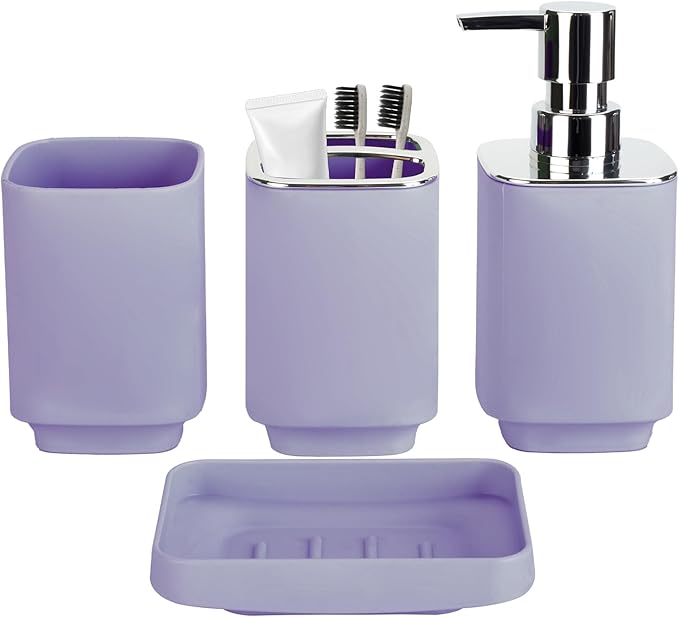 4Pack Bathroom Accessories Set, Bohemian Bathroom Sink Set, Contain Soap Dispenser, Toothbrush Holder, Soap Dish & Mouthwash Cup,Square soap and Toothbrush Holder Set