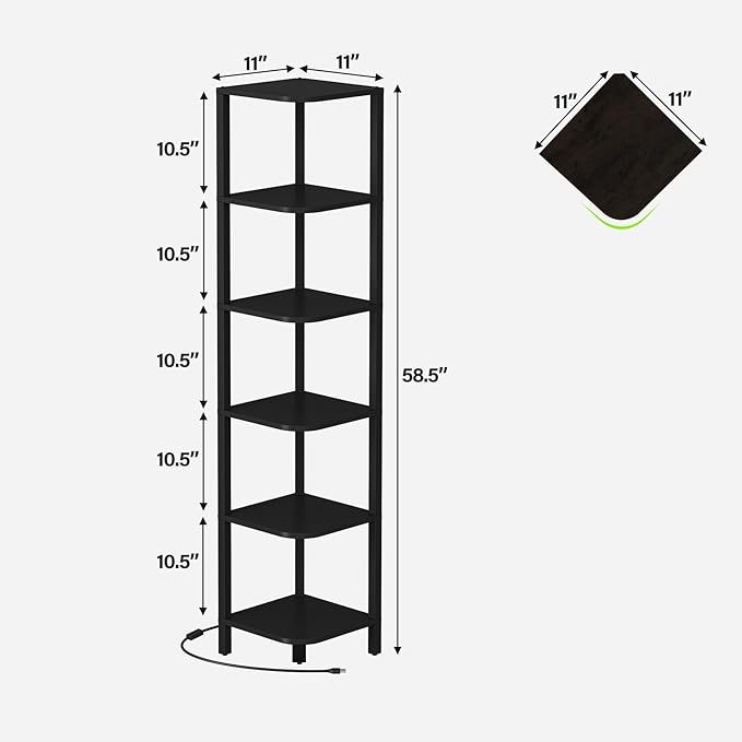 TUTOTAK Corner Shelf with LED Light, 6-Tier Corner Bookshelf for Small Space, Narrow Display Corner Shelf Stand with Storage Rack, for Living Room, Bedroom, Black BS08BK006L