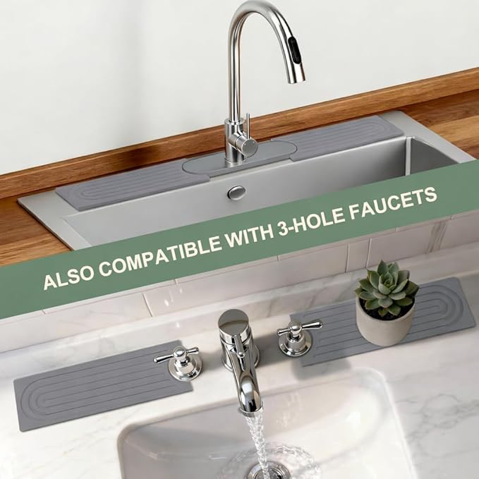 Meiliweser Faucet Mat for Kitchen Sink, Diatomite Quick Drying Stone Mat & Sink Protector, 15.8" x 4" Kitchen Sink Splash Guard, Absorbing Stone Tray for Bathroom Counter (Dark Gray)