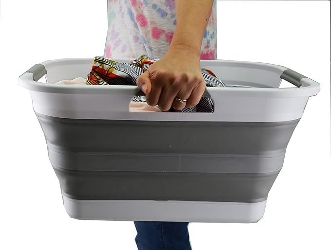 SAMMART 30L (8 gallon) Collapsible Plastic Laundry Basket - Foldable Pop Up Storage Container/Organizer - Space Saving Hamper/Basket - Water Capacity 24L(6.3 gallon) (1, White/Grey)