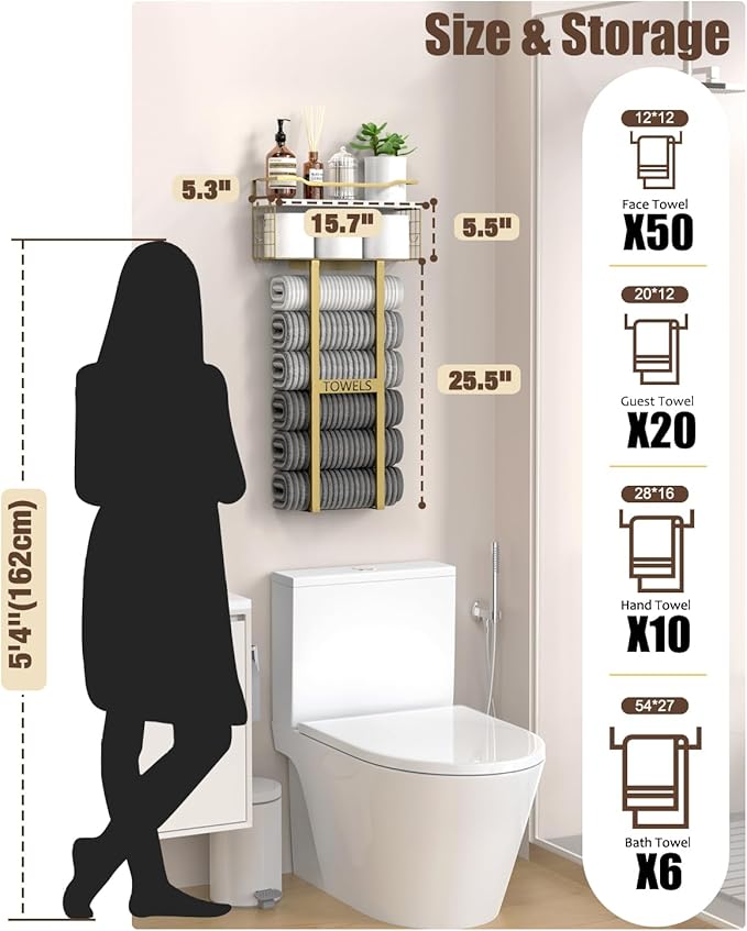 Towel Racks for Bathroom - Wall Mounted Metal Rack with Wood Plank, Bathroom Storage Organizer, Towel Holder Stores 6 Large Rolled Towels Easily, Gold and Size XL 31"