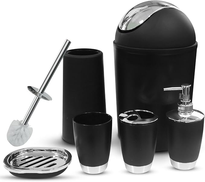 Bathroom Accessories Set, 6-Piece Plastic Gift Set, Toothbrush Holder, Toothbrush Cup, Soap Dispenser, Soap Dish, Toilet Brush Holder, Trash Can (Black)