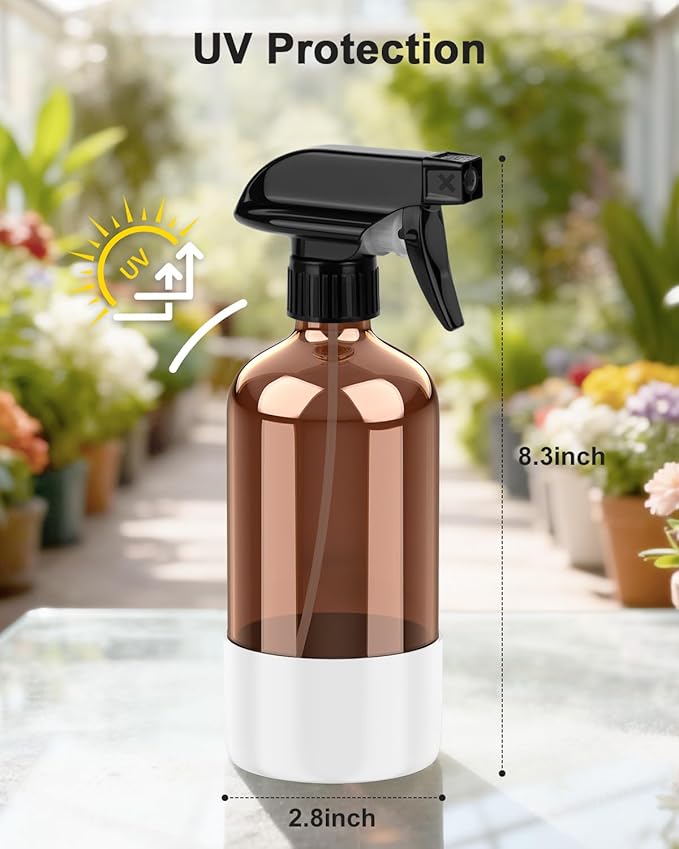 Amber Glass Spray Bottle with Silicone Sleeve Protection, 16 oz Refillable Spray Bottle for Cleaning Solutions, Plants, Aromatherapy, Facial Hydration (White Sleeve(Amber Bottle)