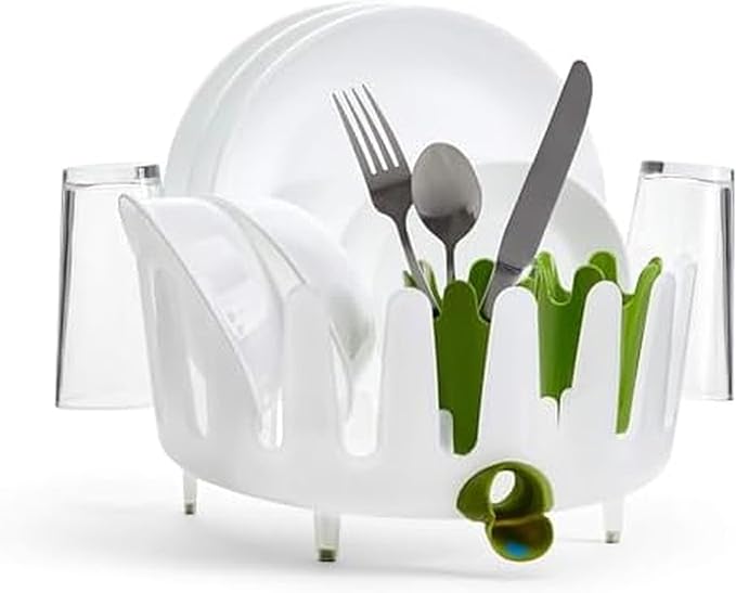 Chef'n Plastic Dish Garden Dish Rack, Compact & Stylish - Ideal for Small Kitchens, Space-Saving Two-Tier Design with Movable Utensil Holders & Drain Spout (White/Green)