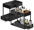 Under Sink Organizers and Storage, Bathroom Cabinet Organizer, Sink Shelf with Utility Hooks and Side Caddy for Under Cabinet Storage | Under Kitchen Sink Organizer with Sliding Drawer, Black (2-Pack)