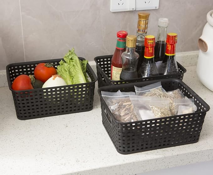 Black Plastic Woven Storage Baskets, 6-Pack Weave Basket Organizer for Kitchen Office Bathroom