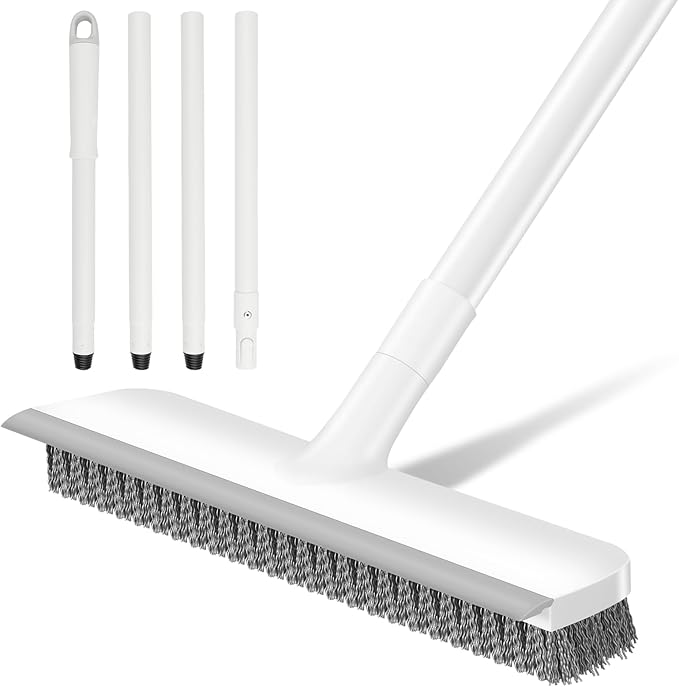 SetSail Floor Scrub Brush, Scrub Brush with 48-Inch Long Adjustable Handle 2 in 1 Scraper Brush Stiff Bristle Floor Scrubber for Cleaning Bathroom Shower Kitchen Garage Deck Tilb Tub, White