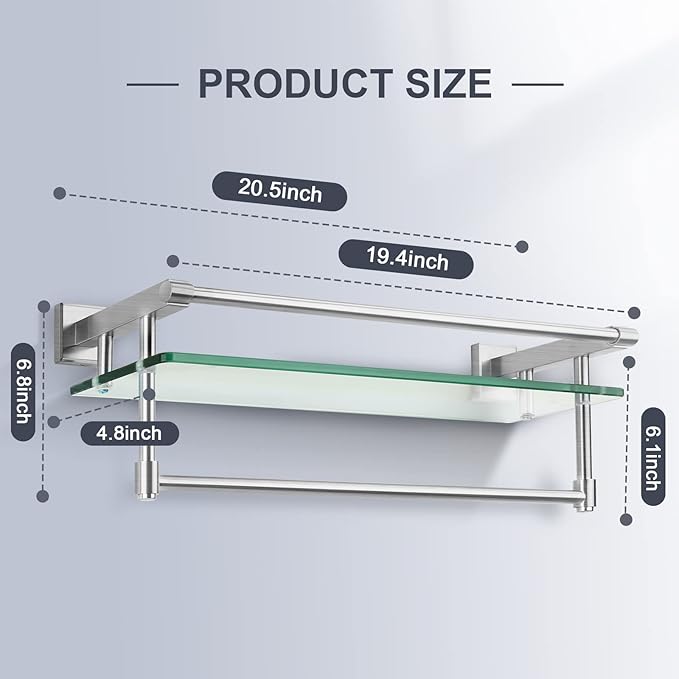 SFGSOWOR Glass Bathroom Shelf with Towel Bar, Stainless Steel Tempered Towel bar/Track Glass Bathroom Shelves Wall Mount Over The Toilet (Brushed Nickel, 20-inch)