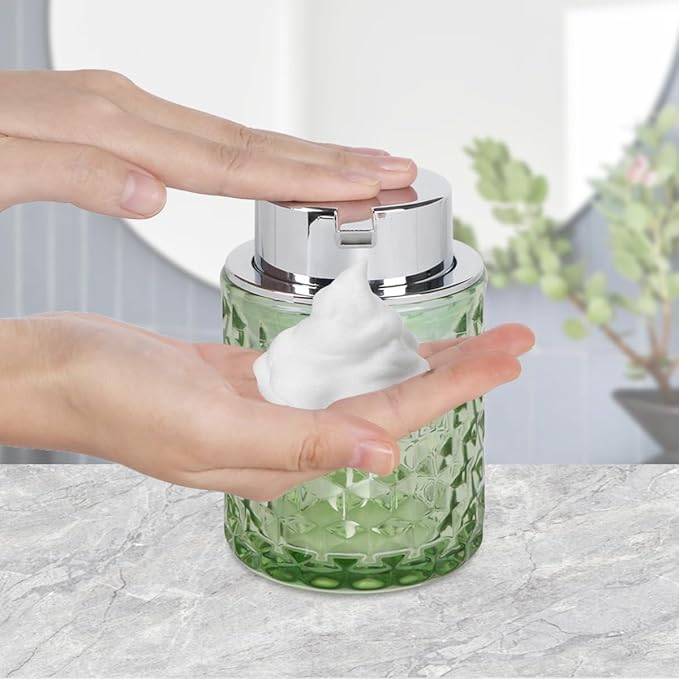 Bathroom Accessories Set, 3pcs Green Glass Bathroom Accessory Set,Toothbrush Holder, Foaming Soap Dispenser and Tumbler, Silver Bathroom Decor Sets for Organizer, Home Apartment Gift