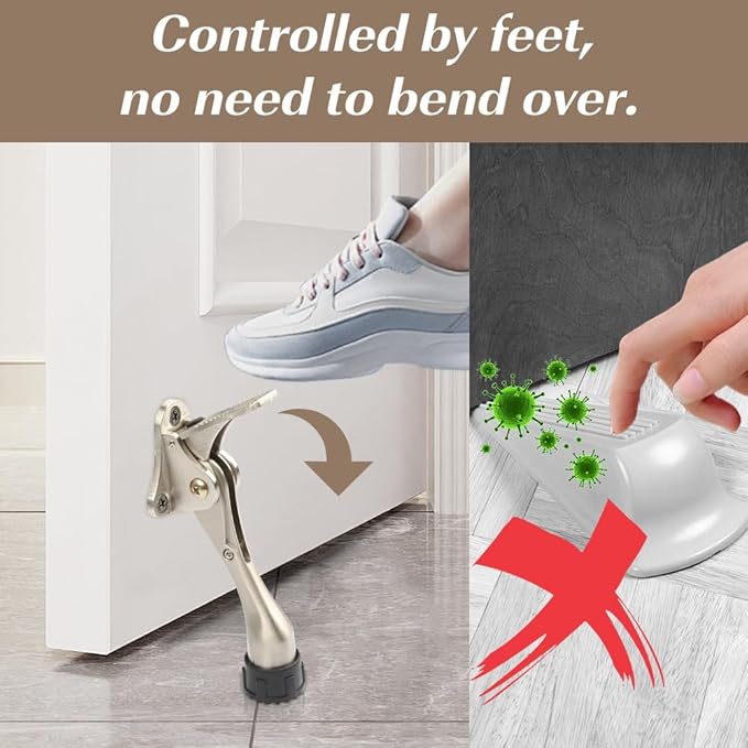 Kickdown Door Stopper 4Inches - One Packs One Touch Adjustable Height Door Stop for The Bottom of Door The Bottom of Door Aluminum Alloy Metal Door Stopper with Rubber Tip Satin Nickel