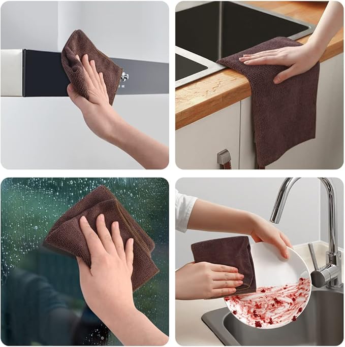 SINLAND Absorbent Microfiber Dish Cloth Kitchen No Streak Cleaning Cloth Dish Rags Lens Cloths 12 Inch X 12 Inch 12 Pack Dark Brown