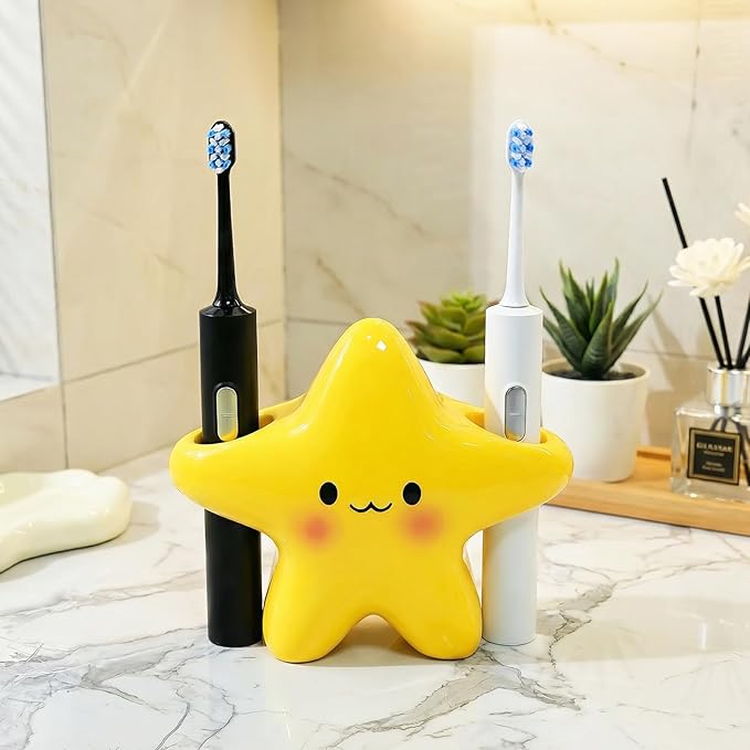Toothbrush Holder Set for Bathroom - Cute Toothpaste Stand with 2 Tooth Brush Head Cover Cap Travel Case - Bathroom Decor Organizer Countertop Accessories Storage