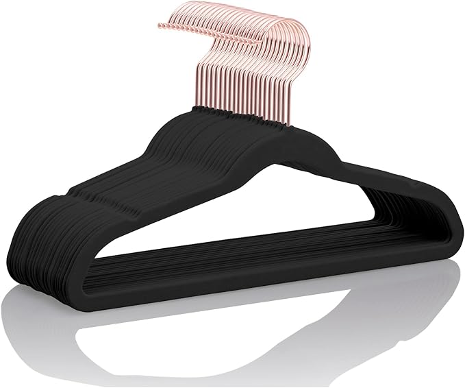 MIZGI Kids Velvet Hangers,Non-Slip Big Kids Hangers,14 Inch Hangers for Youth,Teen Clothes,Pack of 50（Black/Rosegold）