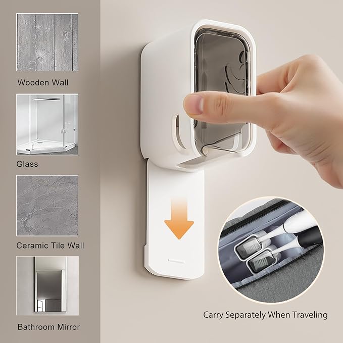 3PCS Dustproof Toothbrush Holders for Bathroom, Wall Mounted Toothbrush Holder with Cover, Toothbrush Travel Container Detachable and Single Toothbrush Dispenser for Bathroom, Family, Travel