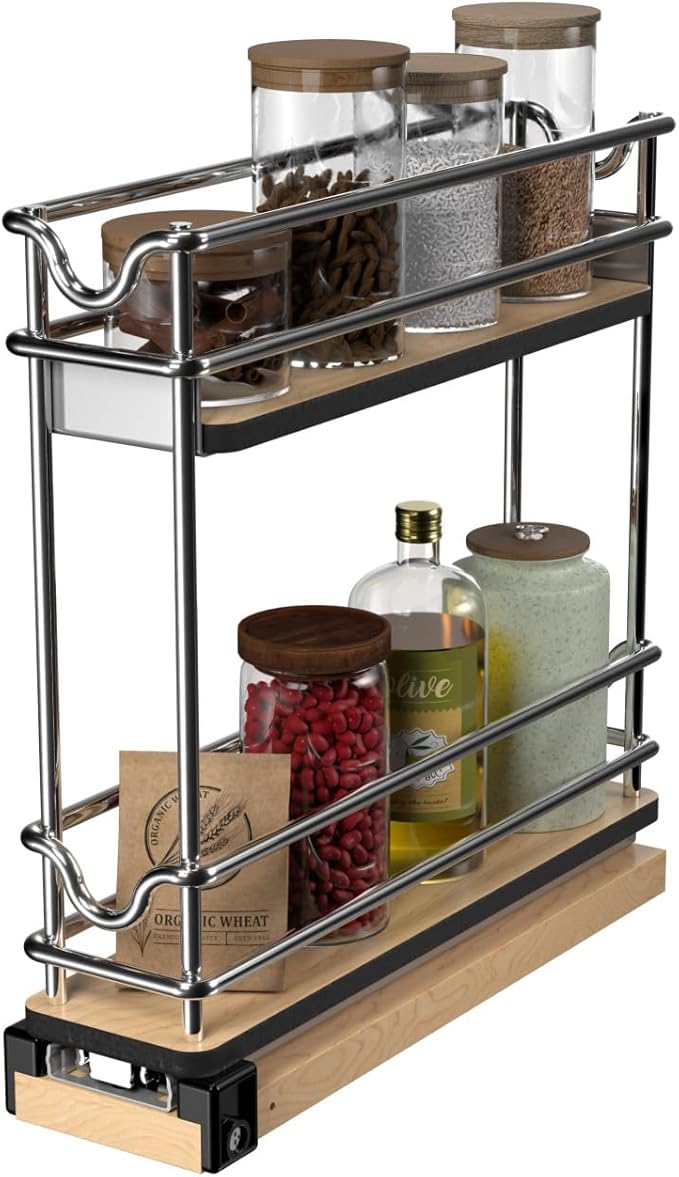 Rev-A-Shelf 3" Pullout Organizer for Cabinets, 2 Tier Narrow Upright Shelf, 5WU2-3N1-1