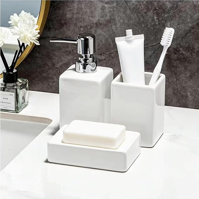 Toothbrush and Soap Holder,Bathroom Accessory Set 3 Pcs,Liquid Ceramic Soap Dispenser,Toothbrush Holder,Soap Dish,Modern White Countertop Bath Decor Set