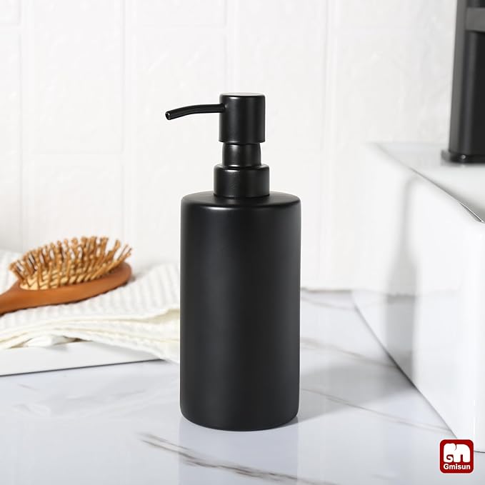 GMISUN Black Soap Dispenser, Hand Soap Dispenser for Bathroom, Dish Dispenser for Kitchen, 12 fl oz/350ml Glass Soap Bottle with Stainless Steel Pump, Modern Refillable Liquid Lotion Dispenser