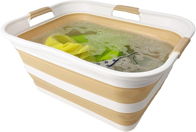 SAMMART 42 (11 Gallons) Collapsible Plastic Laundry Basket, Foldable Pop Up Storage Container/Organizer, Space Saving Hamper, Portable Bin for Dorm Room Bathroom (1, White/Beige)