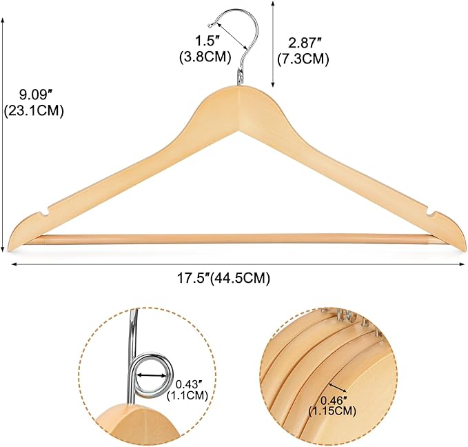 TOPIA HANGER Wooden Hangers 30 Pack, Space Saving Coat Hanger with 360° Swivel Cascading Loop Hook, Non Slip Pants Bar and Shoulder Notches for Camisole, Jacket, Suit, Clothes Hangers -CT74N30