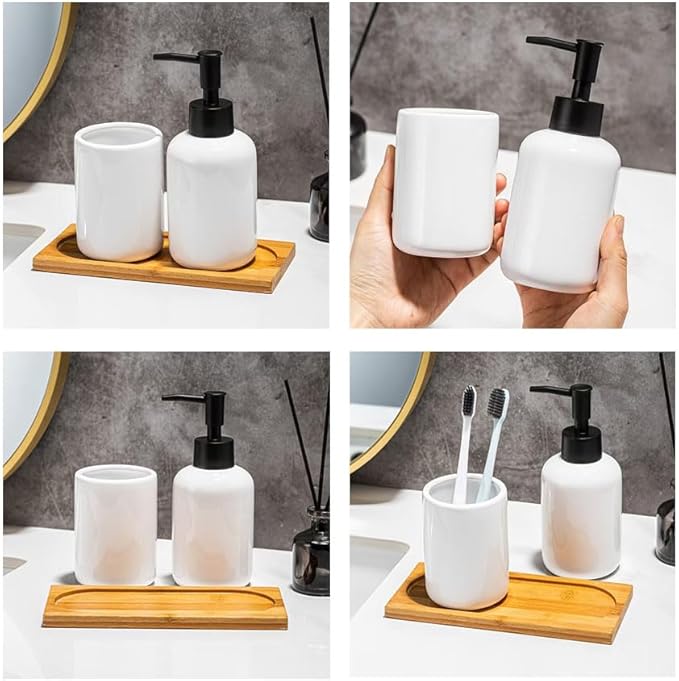 White Ceramic Soap Dispenser and Toothbrush Holder,3-Piece Bathroom Accessories Set Modern Cylinder Countertop Bath Set,Liquid Hand Soap Dispenser,Tumbler Cup,Wooden Vanity Tray