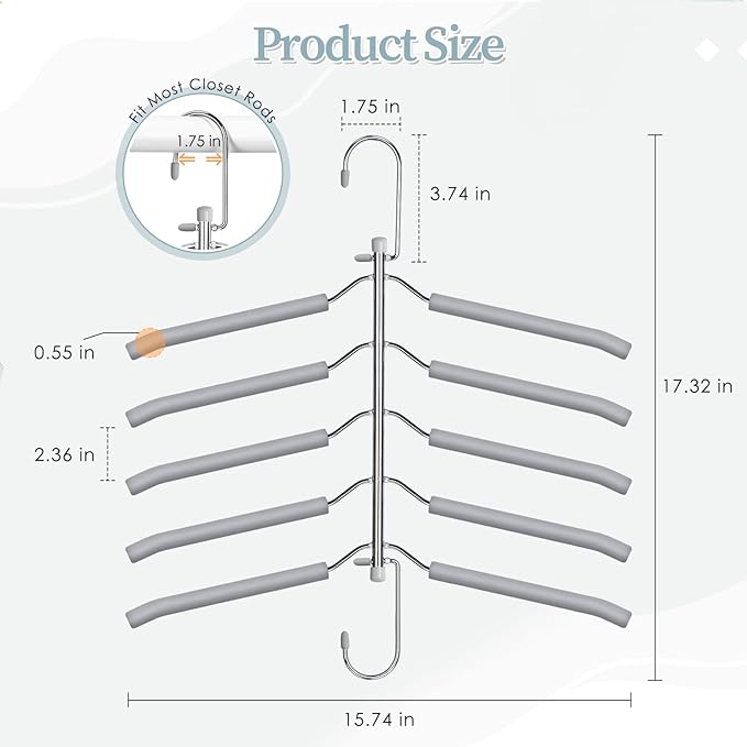 Clothes Hangers Space Saving Shirt Organizer, Non Slip Multi Shirt Hangers for Closet with Foam Padded Closet Organizers and Storage for Sweater Hoodie Blouse Coat Dress Short Grey 2 Pack