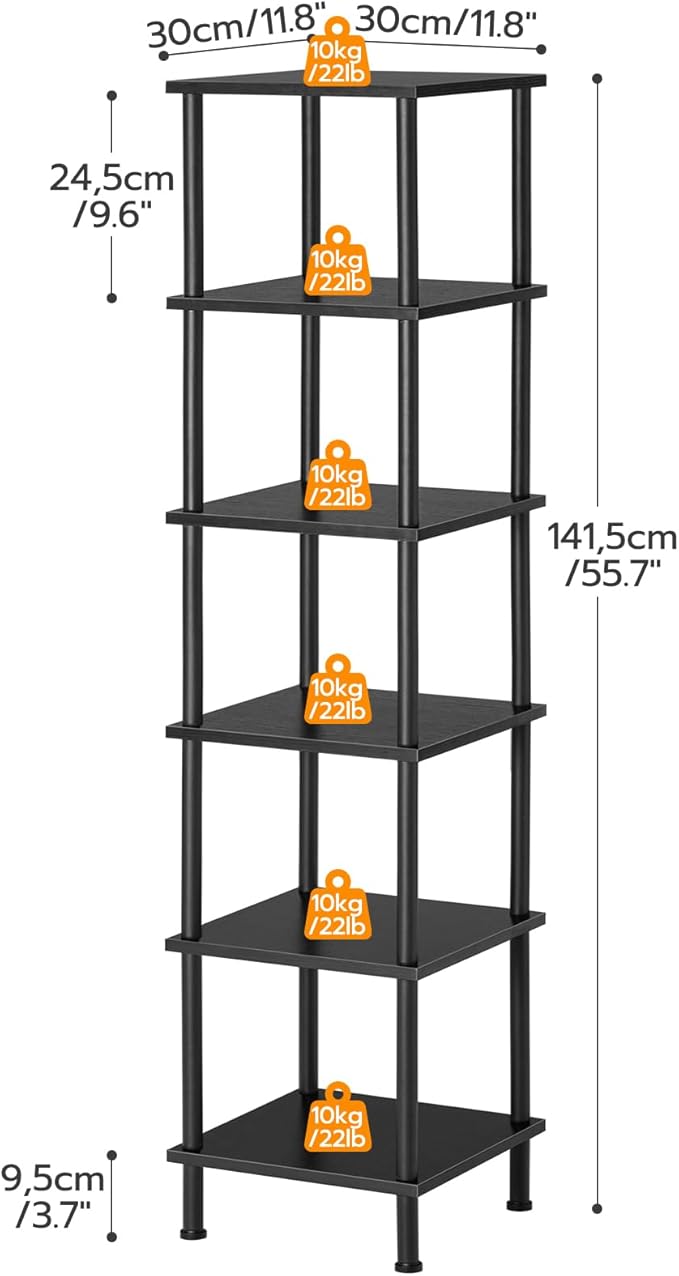 HOOBRO 6-Tier Corner Shelf, Corner Square Rack Display Shelf, Tall Storage Rack Plant Stand, Bookcase for Small Spaces, Living Room, Home Office, Kitchen, Black BK55CJ01