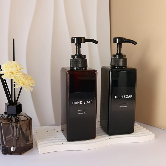 Soap Dispenser with Waterproof Labels, Thickened Plastic Hand Soap Dispenser for Bathroom, Kitchen Dish Washing Liquid Bottles, Shampoo and Conditioner Bottles with Funnel (16oz 4Pack Black Amber)