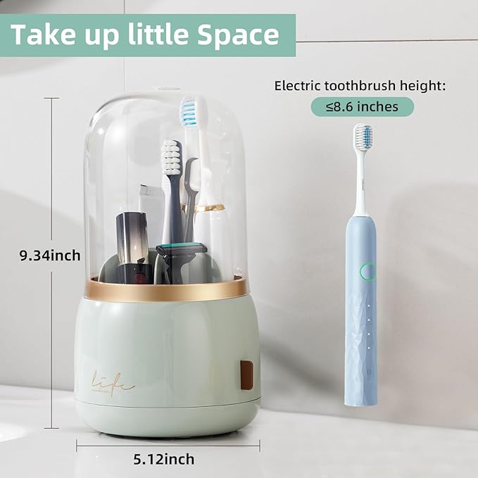 CLOKTA Toothbrush Holders for Bathrooms, Rotating 7 Slots Electric Toothbrush Holders with Cover, Countertop Toothpaste Organizers (Light Green)