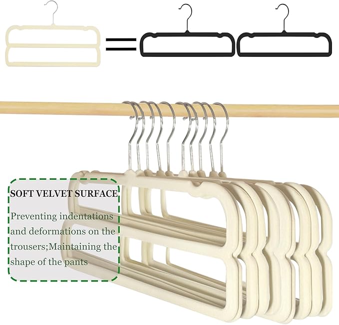 Velvet Pants Hangers 10 Pack,2 Tier Jeans Hanger,Premium Non Slip,Thin Space Saving Slim Trousers Hanger,13.77inch