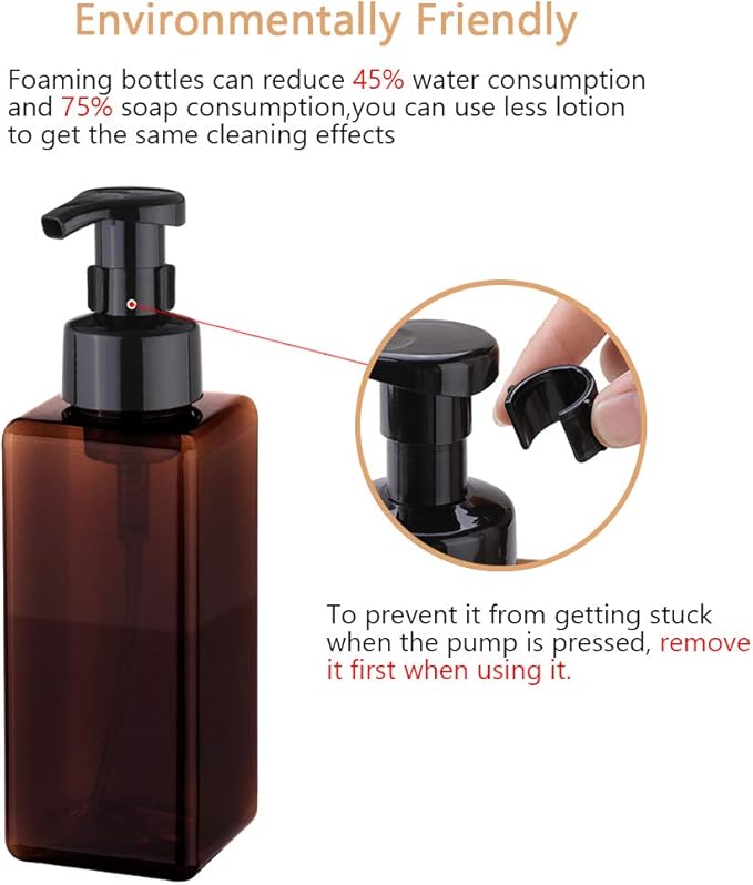 UUJOLY Foaming Soap Dispenser 650ml (22oz) Refillable Plastic Pump Bottle for Liquid Soap, Shampoo, Body Wash (2 Pcs) (Amber)