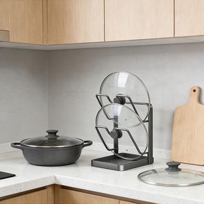 Kitchen Pot Lid Stand,Kitchens Countertop Organizer For Lids, Pans Cutting Boards, Space-Saving Metal Storage Holder To Keep Kitchen Tidy (1Pcs grey)