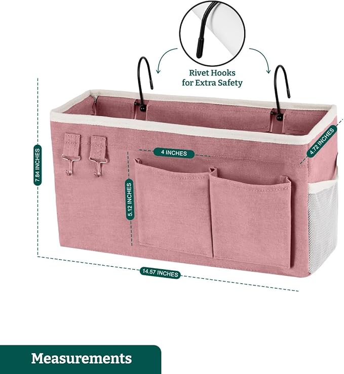 ADVANCELLPRO Bedside Caddy Organizer Hanging Storage Bag with Pockets for Books, Magazines, Phone, Tablet & Water Bottle – Bedside Storage for Dorm, Bunk Beds, Hospital Beds & Cribs, Pink