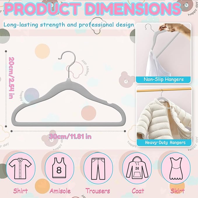Baby Hangers 11.6 Inch Kids Velvet Non Slip Coat Hangers 30 Pack Toddler Hangers Space Saving Closet Organizer for Toddler Infant Children Clothing (Gray Velvet)
