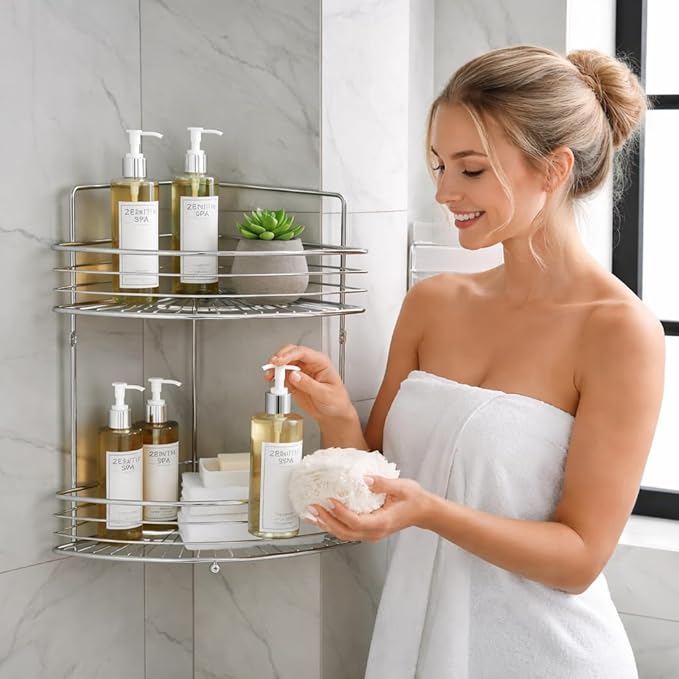 2-Tier Floor Standing Corner Shower Caddy - Stainless Steel Bathroom Organizer Includes Screws and Anchors - Freestanding or Wall-Mounted Caddy - Silver (2-Layer, Triangle)